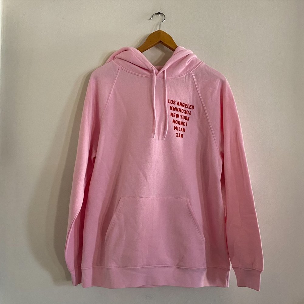 Retro Style Baby Pink Hoodie w/ Cities Red Felt Graphic